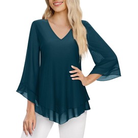 Viracy - Blusa elegante para mujer, cuello en V, doble capa, malla elástica, casual, holgada, para trabajo, con volantes, manga 3/4 acampanada, túnica, Cian sólido, XX-Large