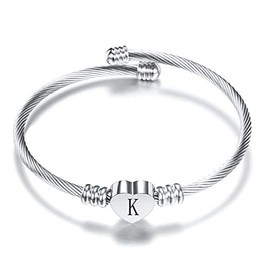 FGT Initial Heart Letter Bracelet Women Friendship Silver Cuff K Bracelets Gift for Wife Girls Auntie Mum Granddaughter Daughter Girlfriend Family Sisters Birthday Mothers Day Valentine
