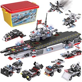 Military Aircraft Carrier Building Blocks Set | 8-in-1 Naval Battleship Model Toy Compatible Bricks Kit with Army Vehicles, Helicopter, Jet & Boats, Storage Box with Baseplate Lid for Kids