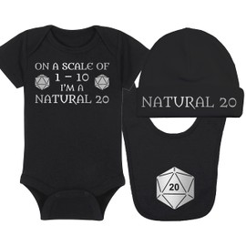 Gaming Baby Onesie, Hat and Bib - On A Scale Of 1-10 I'm A Natural 20 - Natural 20 - Solid D20 Die (3-6 Month - Black Fabric - Silver Design)