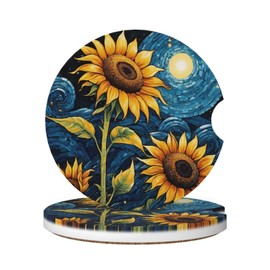 SimpleSteet Absorbent Ceramic Car Coasters for Cup Holders, Sunflower Starry Sky Oil Painting Design 2.56" Anti Slip Universal Drink Cup Coasters for Women Men (2 Pack)