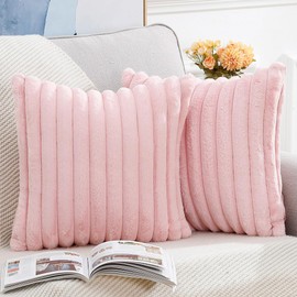 Madizz Set of 2 Faux Fur Plush Decorative Throw Pillow Covers 26x26 inch, 65x65 cm, Pink Fluffy Striped Soft Decorative Cushion Cover for Sofa Bedroom Pillow Shell