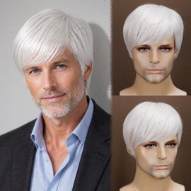 Mens White Wig Realistic Natural Synthetic Male Side Part Wig