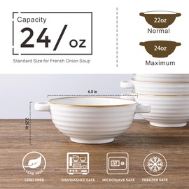 GBHOME Ceramic Soup Bowls with Double Handles, 24 OZ Soup Cups Set for Soup, Cereal, Stew, Salad, Noodles, Ramen，Microware &Dishwasher Safe, Set of 4