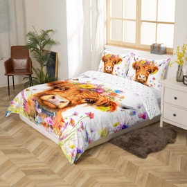 Homemissing Highland Cow Duvet Cover Set Single Size For Kids Boys Girls Teens Blossom Flowers Pattern Bedding Set Farmhouse Animal Comforter Cover with 1 Pillowcase Western Decor Bed Sets