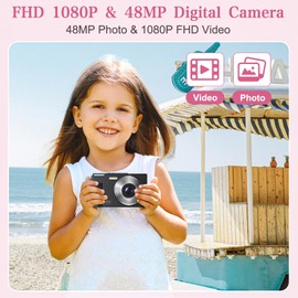 Digital Camera, FHD 1080P Kids Digital Point and Shoot Camera with 16X Digital Zoom, Anti-Shake, Flash, 32GB Card, Portable Compact Travel Camera for Boys, Girls (Black)