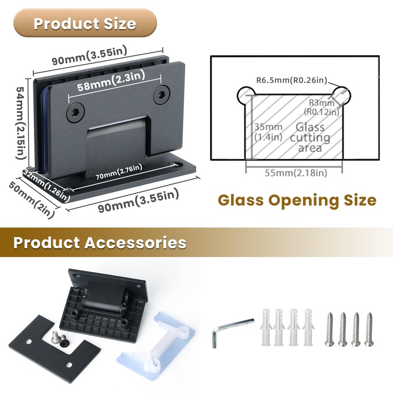 Alise Glass Shower Door Hinges, 90 Degree Hinges for Bathroom