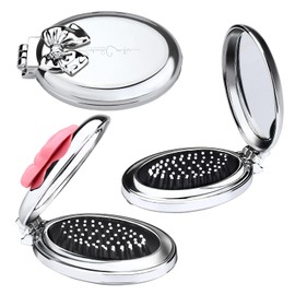 Yitexin 3 Pack Travel Size Folding Hair Brush with Pocket Mirror, Foldable Small Hairbrush for Women Men, Compact Paddle Brush Air Cushion Comb for Detangling Massage (Bowknot, 2 Colors)