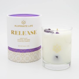 Aluminate Life Luxury Glass Jar Candle, 14.5 OZ, Release - Amethyst Healing Crystal Infused - Scents of Lavender, Bergamot, & Frankincense - Relieve, Support, & Transform - Coconut Wax, Essential Oils