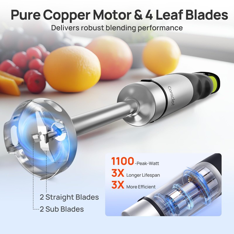 Consciot 4-in-1 Immersion Blender Handheld Max 1100W, Corded Stick Emulsifier