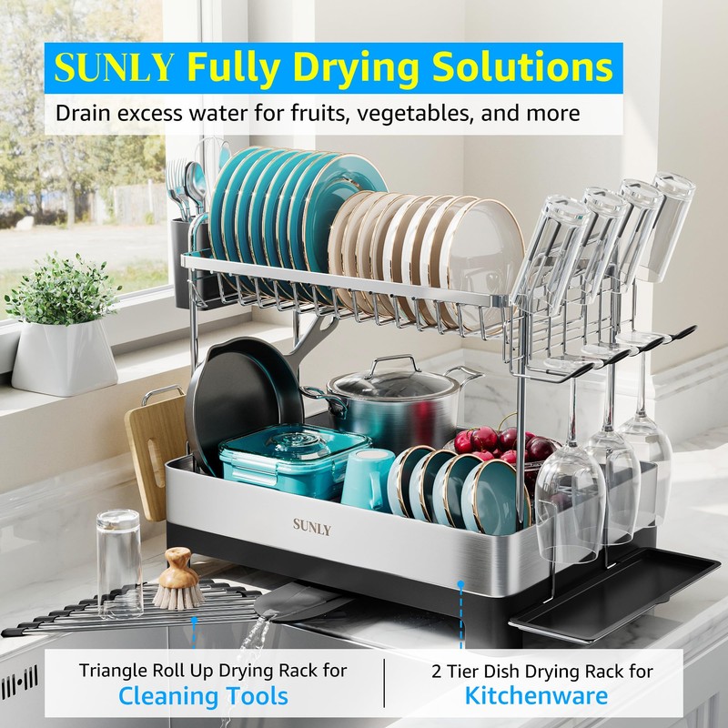 SUNLY 2 Tier Dish Drying Rack, Extra Large Dish Rack,