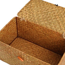 Rattan Basket Seagrass Storage Basket with Lid, Natural Material (Medium 30cm x 18cm x 15cm H)