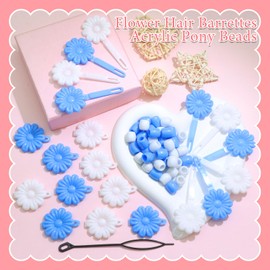 VENOFEN 60PCS Self Hinge Hair Barrettes Blue White Flower Plastic Hair Clips Cute Dreadlock Beads Acrylic Pony Beads 80s 90s Cartoon Hair Pins Accessories for Girl