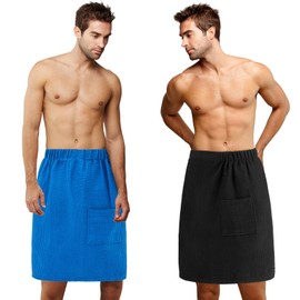 Newwiee 2 Pcs Men's Bath Towel Wrap Adjustable Body Shower Wrap Gift for Christmas for Men 59 x 24 Inches Microfiber Waffle Quick Absorbent Sauna Spa Towel for Men Dorm Room Gym(Blue, Black)