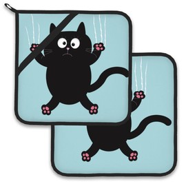 Funny Black Cat Pot Holder Set of 2,Heat Resistant Potholders Oven Hot Pads for Kitchen Cooking Baking BBQ