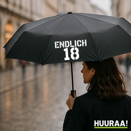 Huuraa Regenschirm Endlich 18 Schriftzug Geschenk 98cm Schwarz Doppelautomatik Endlich 18 Geschenkidee