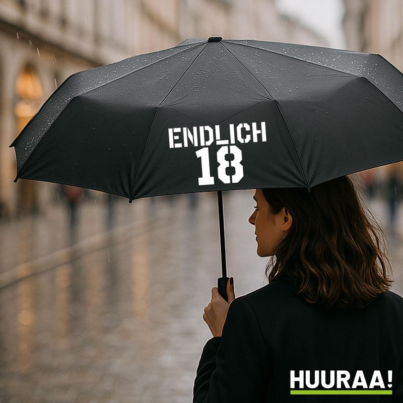 Huuraa Regenschirm Endlich 18 Schriftzug Geschenk 98cm Schwarz Doppelautomatik Endlich