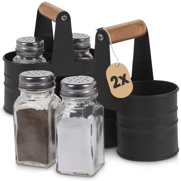 Oramics Set of 2 Pepper and Salt Shakers with Holder with Carry Handle, Ideal for Household and Catering, Set Consists of 2 Pepper Shakers, 2 Salt Shakers and 2 Holders with Handle