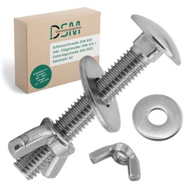 DSM - Carriage Bolts M6 x 90mm DIN 603 - M6 Wing Nut DIN 315 & Washer DIN 9021 - A2/V2A Stainless Steel - Square Head Screws - Butterfly Nut - Pack of 5