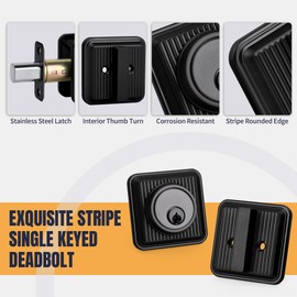 LOQRON Stripes Style Single Cylinder Deadbolt, Square Heavy Duty Keyed Deadbolt Lock for Exterior Entrance Front Door Security, Matte Black