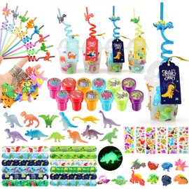 MOVINPE Dinosaur Party Favors Personalize Goody Cups with Gift Tags, Filled with Dinosaur Themed Reusable Straws Stampers Luminous Dinos Figure Slap Bracelets Keychains Rings 3D Stickers for Kids