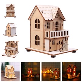 TOYANDONA Christmas LED Wooden House Luminous Tabletop Wood Cabin Mini Villa House Villages Landscape Holiday Xmas Ornament