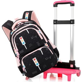 LASUK Rolling Backpack for Elementary School Students Teens Travel Bag Wheeled Trolley Trip Luggage Trolley Daypack for Girls and Boys, BK Indicator Light