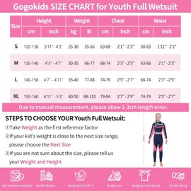 Gogokids Youth Full Wetsuit 2.5mm Neoprene, Kids Wet Suit Long Sleeve Thermal Swimwear for Girls, One Piece Diving Suit Front Zip Keep Warm Sun Protection for Swimming Surfing Diving, Pink, XL