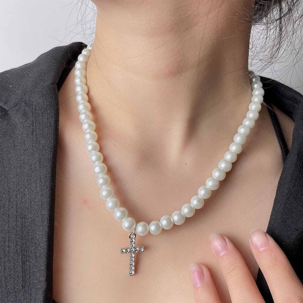 Wendalern Faux Perlenkette Halskette Choker Winzigen Kubischen Zirkonia Kreuz Halskette