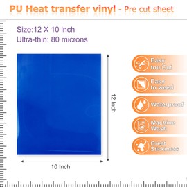 Vinilo de transferencia de calor de poliuretano (HTV): 10 hojas de 12 x 10 pulgadas, paquete de vinilo HTV para camisetas y otras telas, fácil de cortar, maleza y prensa, Azul Royal, 10 unidades, 1