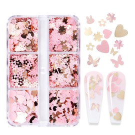 Valentine's Day Nail Art Stickers Decals Pink Gold Heart Nail Glitter Sequins Shiny Flower Butterfly Bunny Glitter Flakes Lovely Parts for Design Valentine Charms Nail Accessories 6 Grids