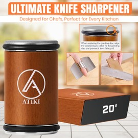 ATIKI Rolling Knife Sharpener with Finger Guard, Diamond & Ceramic Discs, 15°/20° Magnetic Angles & Leather Strop, Professional Knife Sharpening Kit for Dull Knives