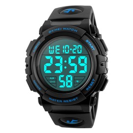 Gosasa Men 's Large Face Digital Outdoor Sports Waterproof Watch LED Luminous Alarm Stopwatch Simple Army, Blue, Men's standard