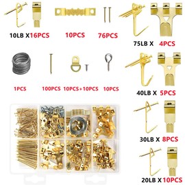 260pcs Picture Hanging Kit, Picture Hanger Assortment, Heavy Duty Frame Hooks with Nails, Hanging Wire, Screw Eyes, D Ring and Sawtooth Hardware for Frames Mounting