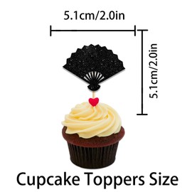 Folding Fan Cupcake Topper for Retro Theme Party Favors Decorations Men Women Happy Birthday Party Decor Supplies set 18pcs Black Glitter