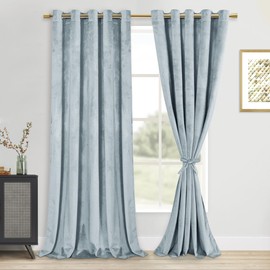 DWCN Velvet Curtains Extra Wide - Stone Blue Super Soft Luxury Tieable Grommet Window Treatments Room Darkening Privacy Protect Blackout Drapes for Bedroom Living Room Home Decor,W60 x L84, 2 Panels