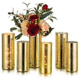 Glasseam Gold Cylinder Vases for Centerpieces: Modern Mercury Glass Vase Set of 6 Decorative Hurricane Vase for Flowers Golden Pillar Candle Holders for Table Centerpiece Wedding Dining Room Decor