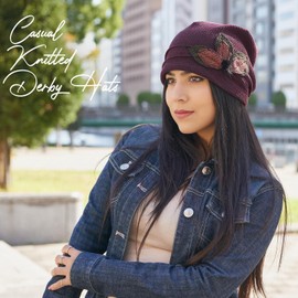 Ladies Hat Knitted with Flower Pom-Pom, Korean Fashion Beanie & Skully Cap for Women in a Vintage Lightweight Design Orange