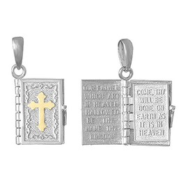 925 Sterling Silver Religious Pendant, 3-D Bible Book,14k Gold Cross Cover & Lord's Prayer Inside