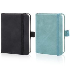 2 Pack Mini Notebooks, 3.15 ×4.33 Inch Pocket Notebook Small Leather Notebooks, Hardcover Pocket Journal Tiny Notebook for Men, 100 Sheets Thick Lined Paper per Notepad (Black, Light Blue)