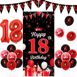 JOYMEMO Red Black 18th Birthday Decorations Girl Boy, 18th Milestone Birthday Door Banner Cover, Triangle Flags and Latex Printed Confetti Balloons, 18 Years Old Birthday Party Supplies