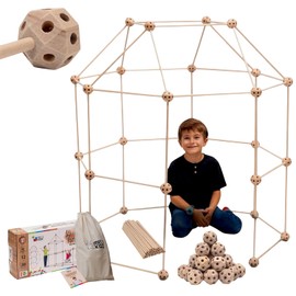 MIND KIDZ Wooden Fort Building Kit for Kids - STEM Montessori construction toy - 52 rods & 30 spheres, Eco-friendly play set for boys & girls