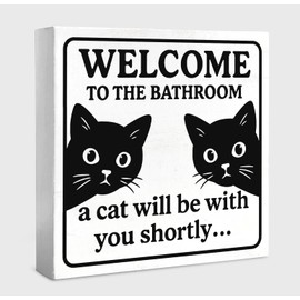 WXHUM Funny Black Cat Bathroom Decor and Accessories Wood Box Sign, Cute Cats Black and White Decor for Bathroom Signs, Bath Decoration, Welcome To The Bathroom A Cat Will Be With, 5x5 inch