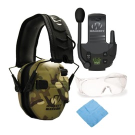 Walker’s Razor Slim Electronic Muff (MultiCam Camo Tan) Bundle with Walkie-Talkie Attachment, Shooting Glasses and Cleaning Cloth (4 Items)