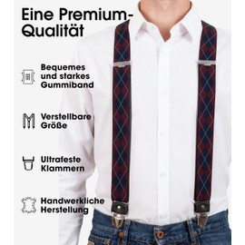 Pierrot Men's Braces Wide and Vintage Premium - Made in Germany / France - Reinforced Elastic Band & Leather Fittings with Extra Strong Metal Clips - Adjustable Length up to 130 cm, chequered red