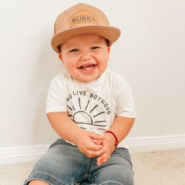 Knuckleheads Little Threads Toddler Baseball Hat - Boy Outfit - Snap Back - Trucker Cap - Flat Brim Patch Sun Hat (S 12-24 Months, Bubba Brown)