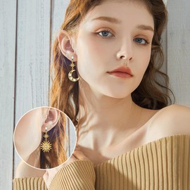 VONALA Sun Moon Stars Earrings Moonstone Sterling Silver Asymmetric Celestial Drop Dangle Earrings Jewelry for Women