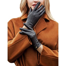 YISEVEN Women's Wool Lined Winter Genuine Leather Gloves Touchscreen Three Points Driving Elegant Dress Sheepskin Warm Fur Lining for Cold Weather Accessories New Year Gifts, Black XXL/8.5"