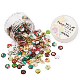 Pandahall 1Box/180Pieces Christmas Holiday Printed Glass Cabochons Flatback Half Round Dome Glued Tiles Mixed Color 12x4mm for Circle Bezel Tray Setting