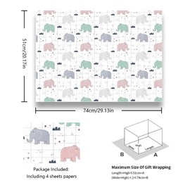 Funny Elephant Wrapping Paper in Pink Grey Blue - 50 x 70 cm per sheet, 4 Sheets Gift Wrap for Men, Women, Kids, Boys, Birthday Party, Baby Shower or Valentine's Day